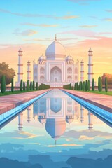 Obraz premium Poster illustration of the taj mahal at sunrise india with its iconic reflection in the calm waters