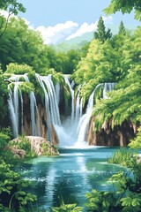 Obraz premium Vectorstyle poster illustration of the tranquil plitvice lakes croatia the cascading waterfalls and crystalclear lakes of plitvice national park surrounded by lush greenery the illustration