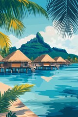 Naklejka premium Poster illustration of the tropical paradise of bora bora french polynesia overwater bungalows with thatched roofs 