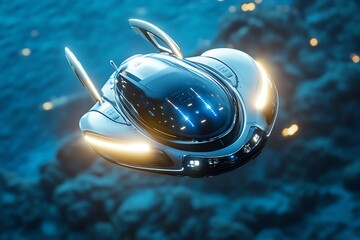 Fototapeta premium Futuristic underwater spacecraft, hovering just above the ocean floor, scanning the environment with bright lights