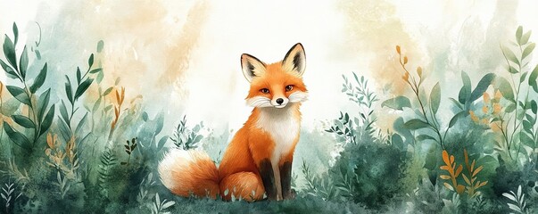 Obraz premium A charming fox sits gracefully among lush greenery, capturing the essence of nature's beauty in a serene landscape.