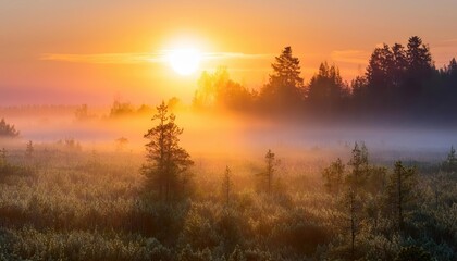 Fototapeta premium Amazing Sunrise Over Misty Landscape. Scenic View Of Foggy Morning Sky With Rising Sun Above Misty Forest. Middle Summer Nature Of Europe