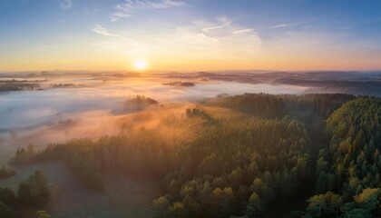 Amazing Sunrise Over Misty Landscape. Scenic View Of Foggy Morning Sky With Rising Sun Above Misty Forest. Middle Summer Nature Of Europe