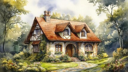Obraz premium Charming countryside house surrounded by lush greenery and colorful flowers, perfect for a serene lifestyle or artistic inspiration.