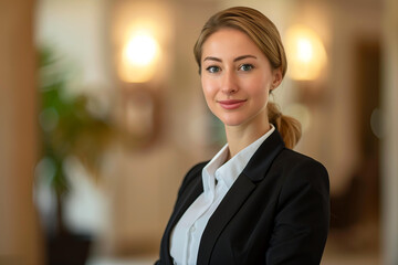 Fototapeta premium Professional european businesswoman in formal attire with confident smile in office setting. 