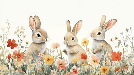 Fototapeta premium Three adorable rabbits surrounded by colorful flowers in a tranquil and charming setting, perfect for nature lovers.