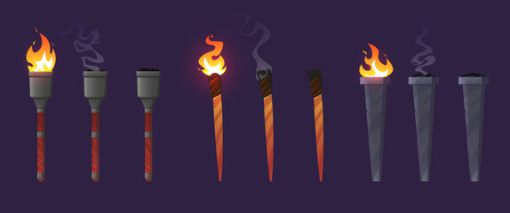 Cartoon torch fading animation. Burning and extinguished medieval castle lamps. Ancient light sources with flame. Smoldering wooden sticks. Old blazing flambeaus. Game icons vector set