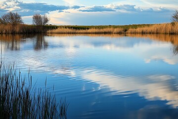 Fototapeta premium Peaceful lake with calm water and blue sky reflection. Nature background