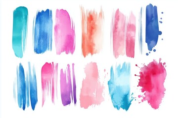 Fototapeta premium Vibrant abstract watercolor brush strokes and splashes in a variety of bright colors on a white background.