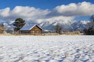 Cabin in snowy mountain valley with blue sky and clouds