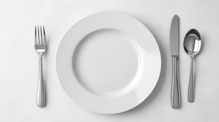 A white plate with spoons and forks set neatly on a table, with a clean and realistic background that highlights the simplicity of the setting
