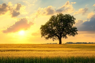 Fototapeta premium Solitary tree in golden field at sunset