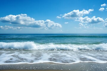 Blue Ocean Waves Crashing on Sandy Beach with White Clouds and Blue Sky