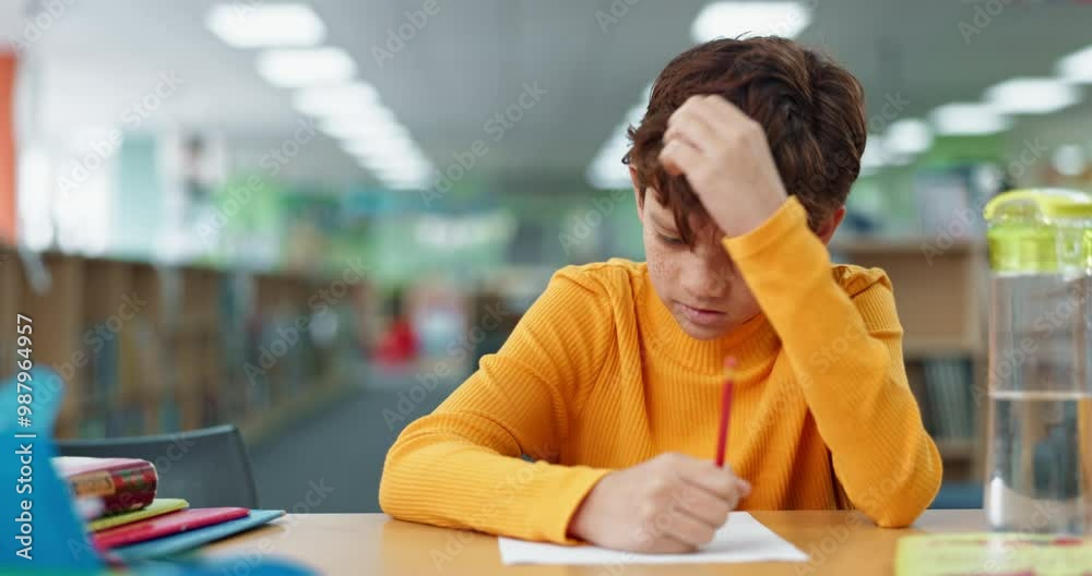 Aufkleber Boy, student and thinking for homework at library in school with studying for exams. Kid, education and solution with stationery for project with answer sheet for child growth and brain development