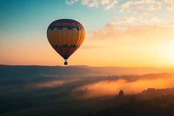 Obraz premium Hot Air Balloon Flying Over Foggy Landscape at Sunrise