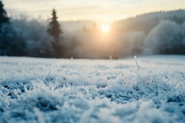 Close up frosty grass in winter sunrise with trees in the background