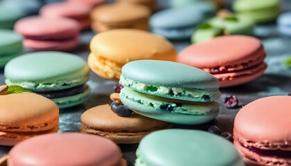 Colorful macarons arranged on a wooden table, a delightful assortment of French desserts