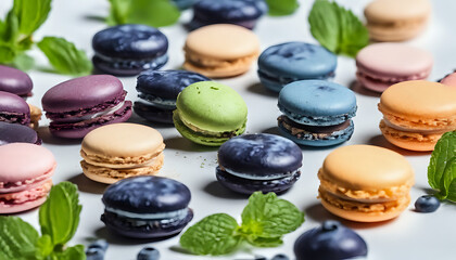 Colorful macarons arranged on a wooden table, a delightful assortment of French desserts