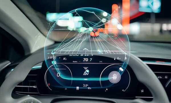 Interior view of electric car speedometer dashboard with holographic digital wireframe on urban road - Powered by Adobe