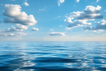 Obraz premium Calm ocean with white clouds on blue sky, seascape background photo