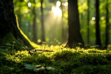 Sunlight Filtering Through Trees in Lush Green Forest