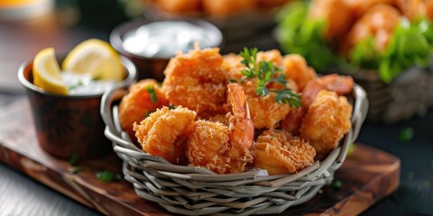 Tempting presentation of crispy golden shrimp accompanied by zesty tartar sauce in charming woven baskets.