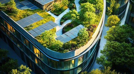 A high-resolution image of a modern hospital building designed with sustainability in mind, featuring green roofs, solar panels, and energy-efficient windows.