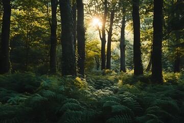 Fototapeta premium Sun shining through trees in a lush green forest with ferns on the forest floor