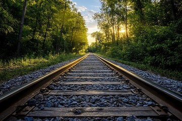 Fototapeta premium Train Tracks leading to a Forest Sunset