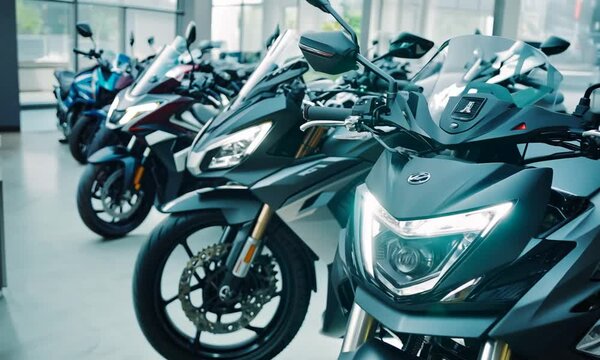 Row of motorbikes in showroom with blurry background