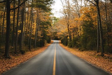 Obraz premium Empty asphalt road through autumn forest, fall colors in the woods