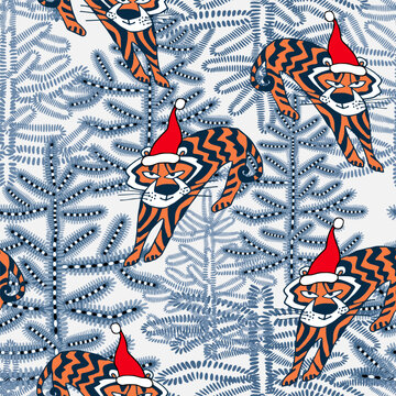 Winter seamless pattern with cartoon tiger in snow winter forest of Christmas trees. Wrapping paper, textile, fabric, package, postcard, poster.