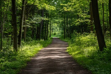 Obraz premium Sunlight shining through trees on a forest path