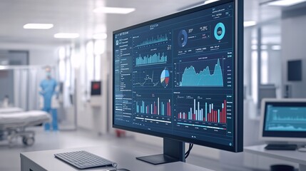 A high-resolution image of a hospital management dashboard on a large screen, showing various metrics such as patient flow, staff allocation, and resource management.
