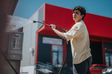 A young man in a casual shirt operates a pressure washer at an outdoor car wash station on a sunny day.