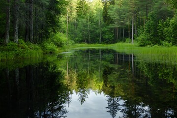Obraz premium Tranquil forest lake reflecting the trees and sky, scenic woodland pond surrounded by lush green foliage