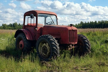 Fototapeta premium Vintage red tractor in a field, agricultural machinery, farming, rural life, country side