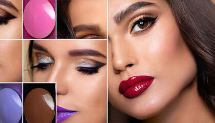 High quality photo. Makeup collage. Colorful lips, eyes, eyeshadows and nail art. Makeup 