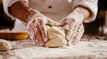  close-up of a chef hands kneading dough  on a floured surface
