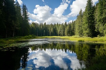 Fototapeta premium Peaceful forest lake with reflection of blue sky and clouds in still water
