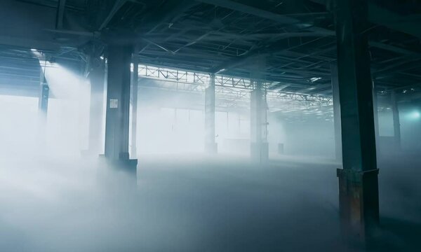 A spacious empty warehouse with fog pouring in from the ceiling