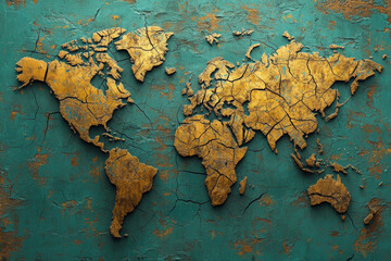 A detailed map of world with cracks forming, showcasing textured golden surface against turquoise background. This artistic representation evokes sense of fragility and beauty in global geography