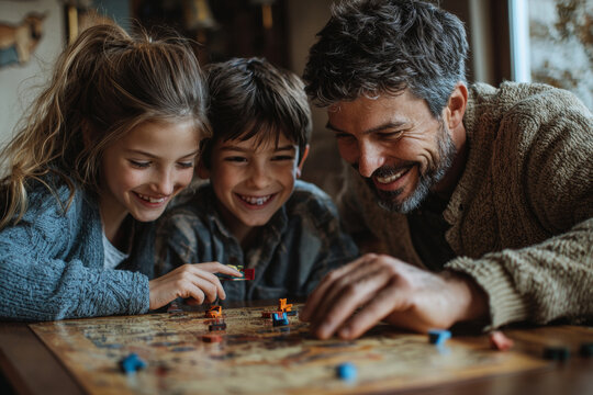 A happy family playing board games together, enjoying quality time and laughter. children are engaged and smiling, creating warm and joyful atmosphere