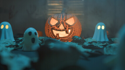 Halloween Pumpkin with flashing lightning and ghosts