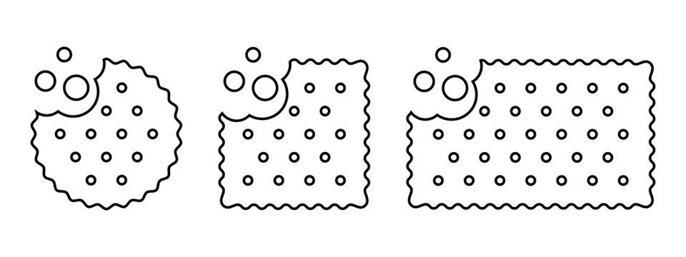 Set of bitten crackers icons with crumbs. Sweet or salty biscuit cookies in round, square and rectangle shapes. Popular crunchy snacks isolated on white background. Vector outline illustration.