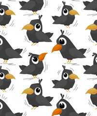 Vector seamless pattern of many cute crows looking at each other. Funny bird background. Graphic kids cartoon print design. Raven icons set. Hand drawn rook signs. Art for autumn card, fall ads layout