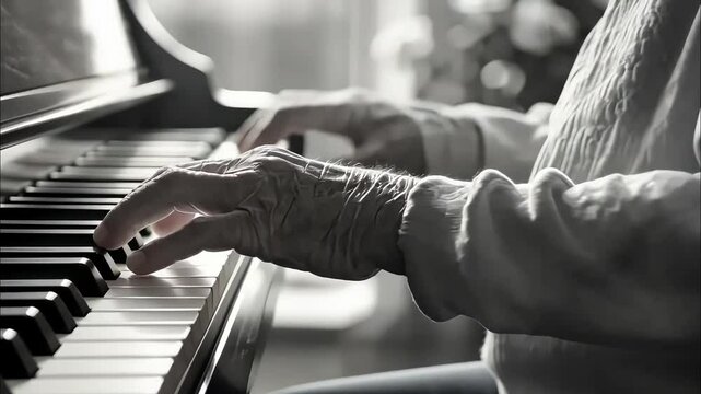 Elderly person&rsquo;s hands resting on piano keys in black and white

