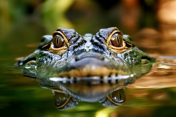 Fototapeta premium Close up of a crocodile's head and eyes peeking out of the water