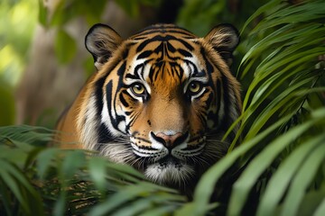 Fototapeta premium Close up of a majestic tiger peering through lush green foliage