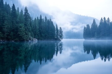 Fototapeta premium Misty morning on a serene mountain lake, with reflections of pine trees in the water